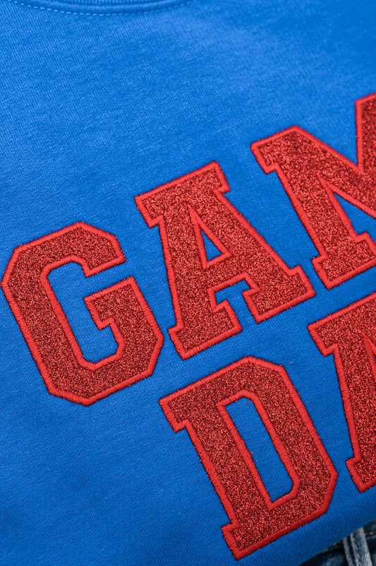 PREORDER: Embroidered Glitter Game Day Sweatshirt in Royal Blue/Red