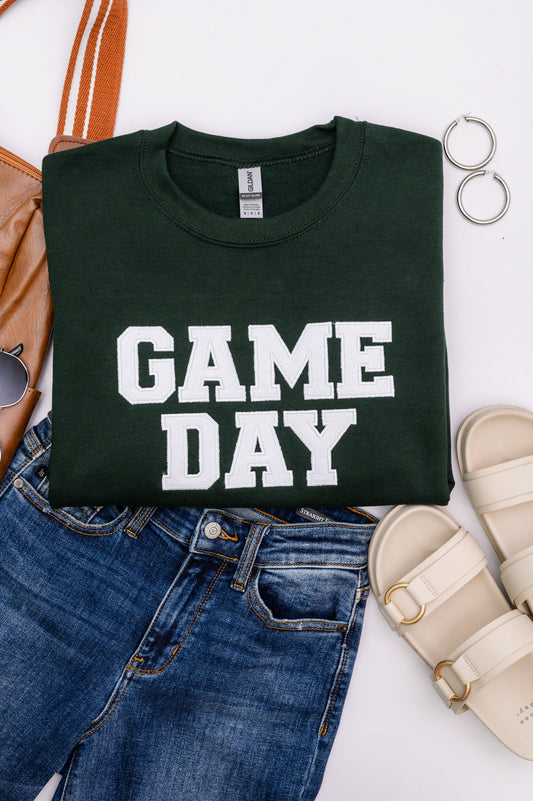 PREORDER: Embroidered Glitter Game Day Sweatshirt in Forest Green/White