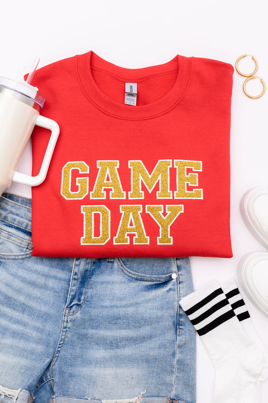 PREORDER: Embroidered Glitter Game Day Sweatshirt in Red/Golden Yellow