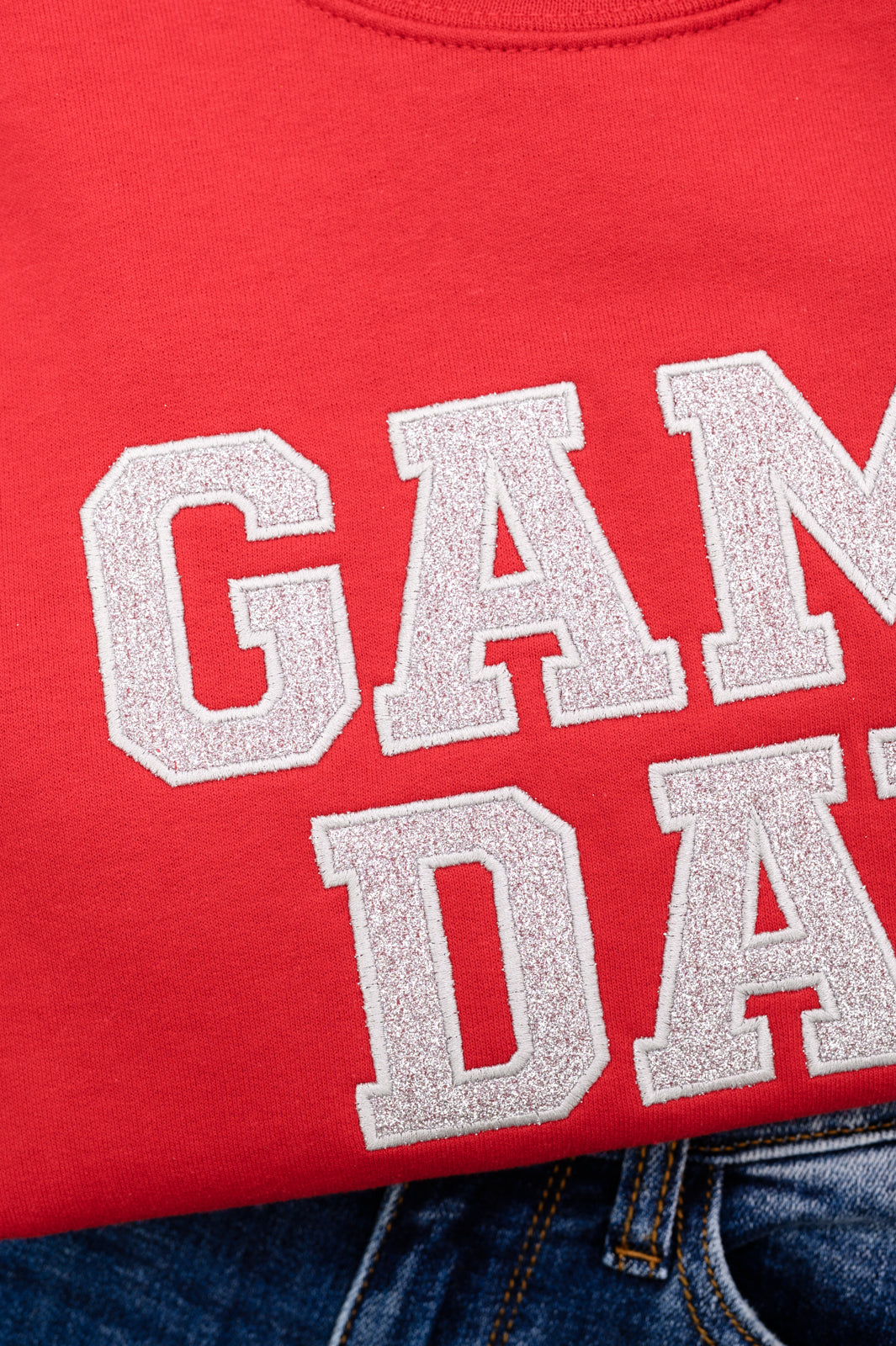 PREORDER: Embroidered Glitter Game Day Sweatshirt in Red/Silver