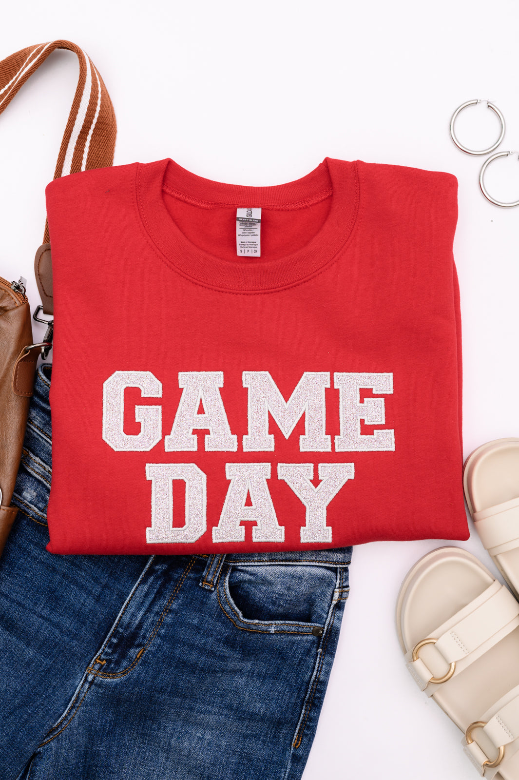 PREORDER: Embroidered Glitter Game Day Sweatshirt in Red/Silver