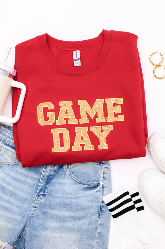 PREORDER: Embroidered Glitter Game Day Sweatshirt in Red/Old Gold