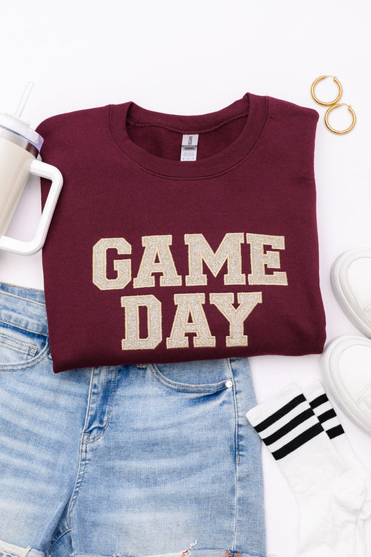 PREORDER: Embroidered Glitter Game Day Sweatshirt in Garnet/Champagne Gold