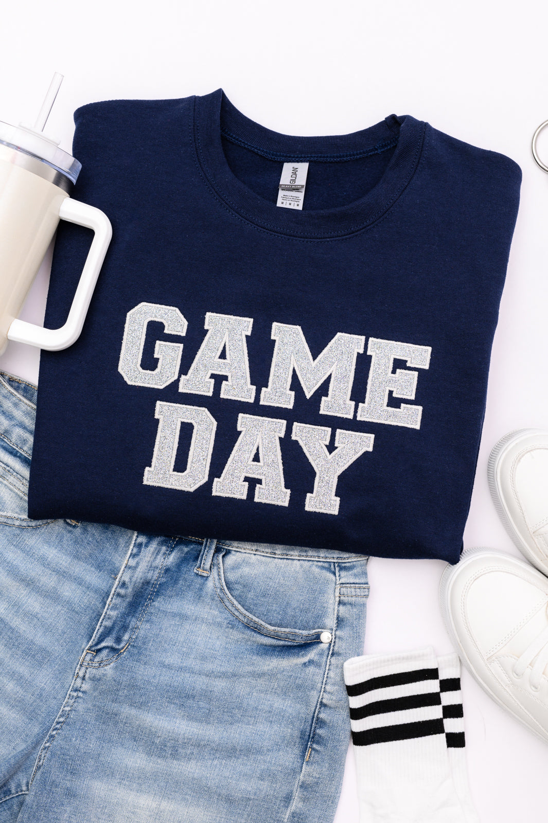 PREORDER: Embroidered Glitter Game Day Sweatshirt in Navy/Silver