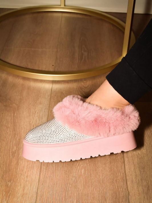 Embellished Faux Fur Platform Booties - Pink