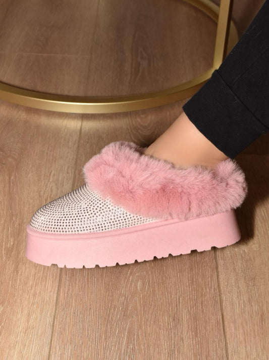 Embellished Faux Fur Platform Booties - Pink