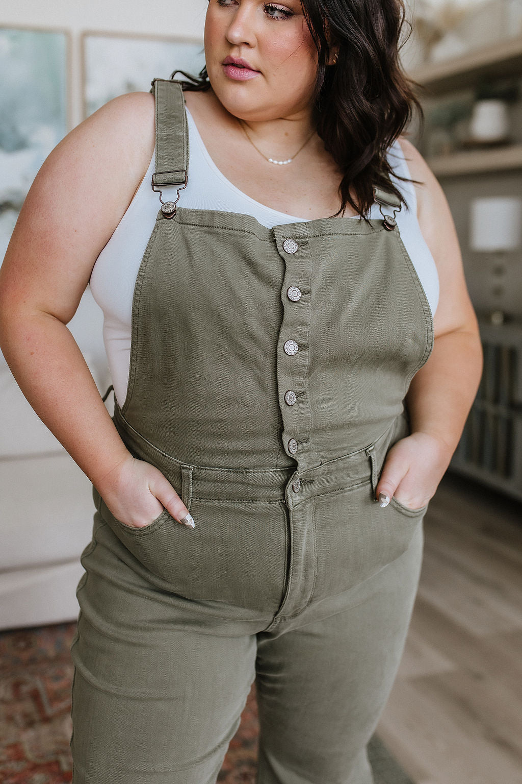 Olivia Control Top Release Hem Overalls in Olive